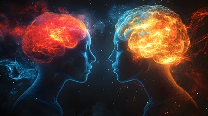Two human figures in profile, their brains glowing in contrasting colors, symbolizing divergent cognitive approaches, neural connections intertwined in harmony