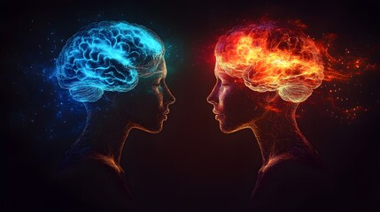 Obraz premium Two human figures in profile, their brains glowing in contrasting colors, symbolizing divergent cognitive approaches, neural connections intertwined in harmony