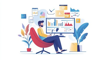 Digital business web concept in flat design. Man analyzing financial data infographic, develops and promotes company, increases profit. E-commerce and e-business. Illustration with people scene