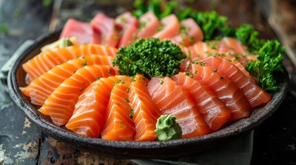 Assorted Comprehensive Sashimi with Dory sashimi, salmon sashimi, Tuna fish, swordfish served in plate isolated on napkin side view on wooden background of Japanese food 