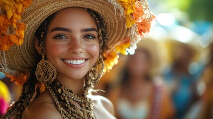 Woman with a big smile wearing a traditional hat in a festival