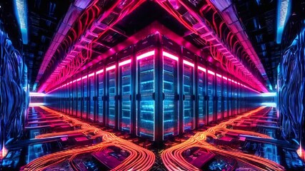 Futuristic server room with glowing neon lights and cables. - Powered by Adobe