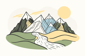 Serene Mountain Landscape Illustration with River and Sun