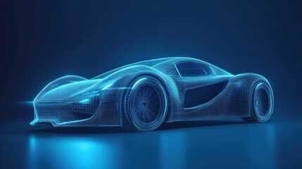 Frontside Futuristic AR car wireframe concept, generative ai, Augmented reality wireframe of car concept with blue background