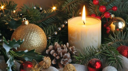 Sparkling Christmas Decor: Candle, Ornaments, and Pine Cones