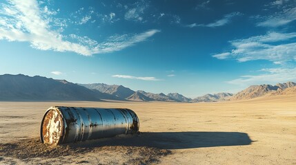 Obraz premium A solitary stainless steel chemical tank, partially buried in desert sand, with distant mountain ranges and a barren, endless horizon