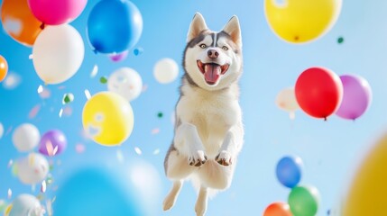 a Siberian Husky jumping, joyful expression. Blue sky and colorful balloons as background.