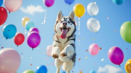 a Siberian Husky jumping, joyful expression. Blue sky and colorful balloons as background.