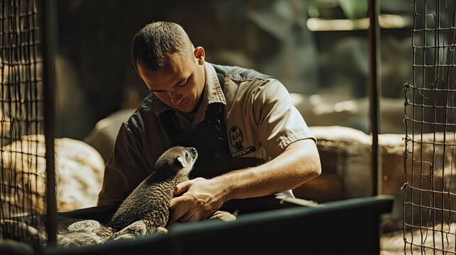 Zookeeper Gently Holding a Baby Marmoset