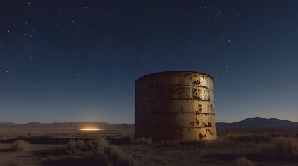 A stainless steel chemical storage tank in a desert landscape