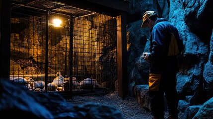 Fototapeta premium A Man Observing Armadillos in a Cage