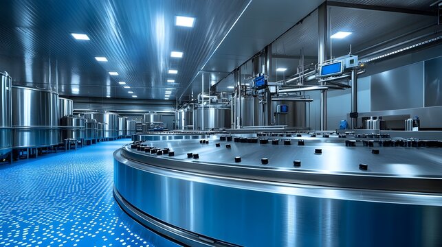 A stainless steel tank in a food processing plant with hygienic design features