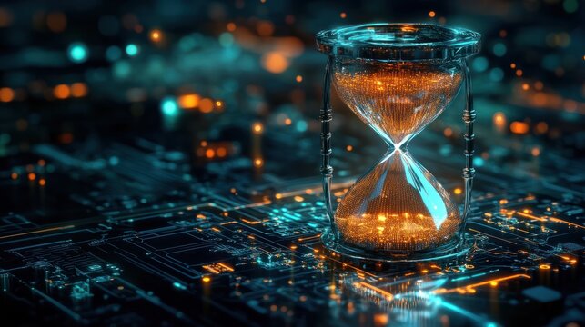 Hourglass with glowing particles on a futuristic circuit board. Concept of time machine, data processing and network technology. Design for wallpaper, tech background, and conceptual art.