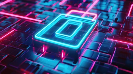 Black Background Blue. 3D Rendered Battery Icon with Pink and Blue Neon Lights on High Tech Floor