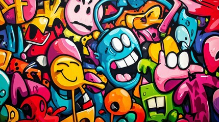 Fototapeta premium Playful graffiti wall with bold cartoon characters, exaggerated expressions