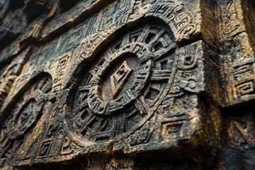 Obraz premium Carved stone texture with ancient symbols and deep engravings, worn by time