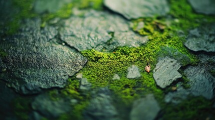 Green Moss Growing On Stone, Nature's Textures, Close Up View, Green Hues