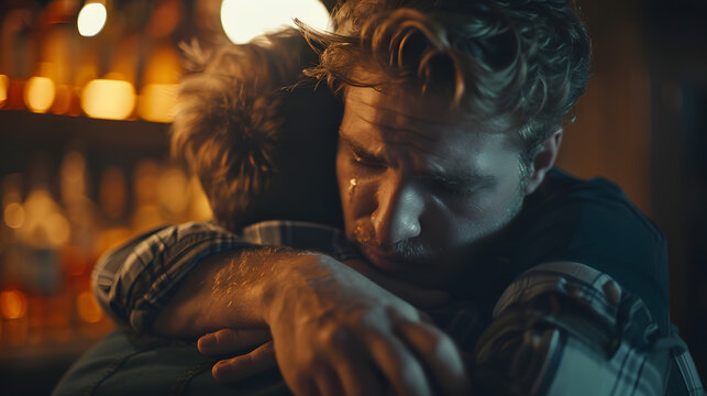 Man hugging best friend, supporting each other, drinking whiskey and talking. Discussing problems and drowning sorrows in alcohol. Concept of male friendship, bromance