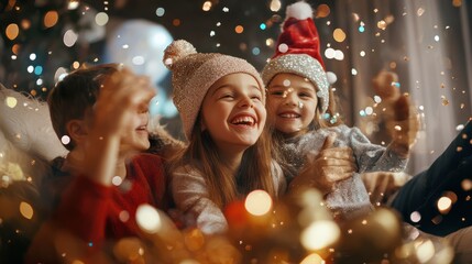 joyful family celebration at home during a New Year's Eve countdown