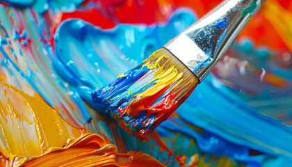Fototapeta premium Abstract colorful paint and brush, closeup view