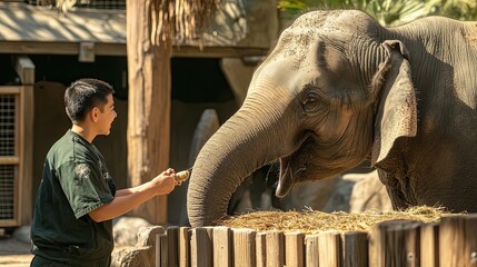 A young man feeding an elephant at a zoo