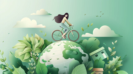 Young woman riding a bicycle over a hill in a whimsical landscape with flying leaves