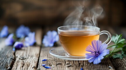 Herbal Tea with Chicory Flower on Wooden Table