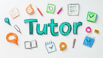 "Tutor" word isolated on white background with icons representing education. 