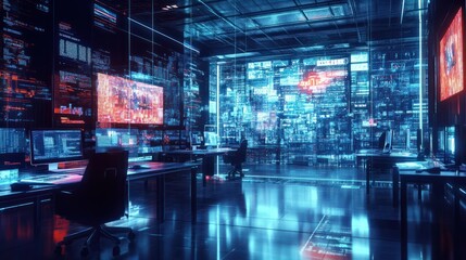 Modern neon cyberpunk open space office interior blurred with information technology overlay. Corporate strategy for finance, operations, marketing. Tables with computers for work. Technology