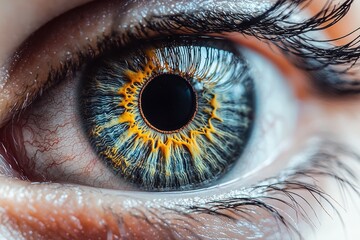 Closeup of a detailed, colorful human eye with vibrant irises and pupils