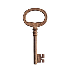 Rusty iron skeleton key isolated on white top-down view soft shadow worn texture.