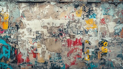 Fototapeta premium Weathered graffiti wall, faded paint and worn textures