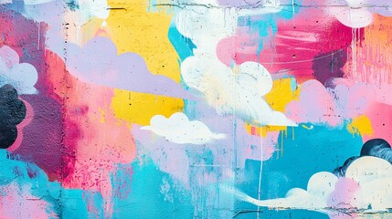 Whimsical graffiti wall with dreamlike elements, soft pastels