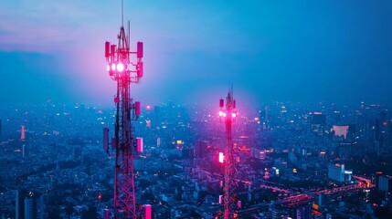 Fototapeta premium Vibrant Cityscape with Illuminated Communication Towers