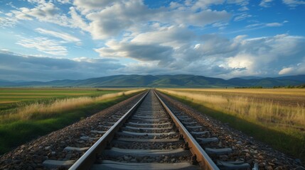 Fototapeta premium Stunning View of Railway Tracks Leading to Distant Mountains