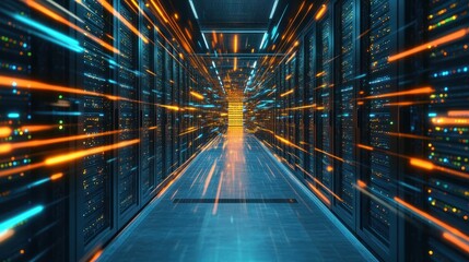 Perspective view down a corridor of a data center with high-speed data transmission illustrated by streaks of light across server racks.