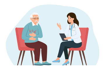 Friendly doctor sees elderly, makes diagnoses, prescribes treatment. Senior man with stomach ache.Doctor and patient.Vector illustration