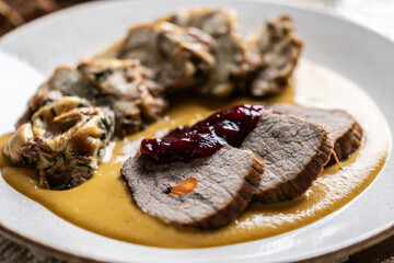 Beef fillets from sirloin steak with traditional Czech sauce, Karlovy Vary dumpling with...