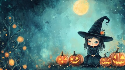 Whimsical illustration, little witch with pumpkins, sitting under moon, Halloween night, enchanted forest, fantasy art concept