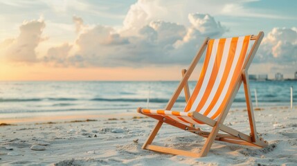 Beach chair at sunset by the shore