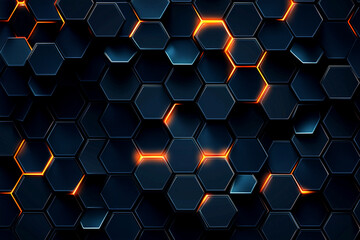 A black and orange hexagonal pattern with a bright orange glow. The pattern is made up of black and orange squares, creating a striking contrast between the two colors