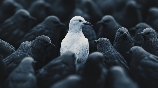 Standing out from the crowd , white bird standing between man gray birds, Generative AI illustration