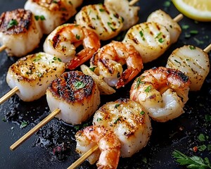Grilled shrimp and scallops skewers on a black platter, garnished with herbs and lemon, perfect for a delicious seafood dish.