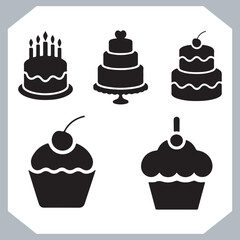 Set of cake silhouette, symbol of the cake holiday, birthday, anniversary, wedding, festive, Birthday cake icons set silhouette vector in white background