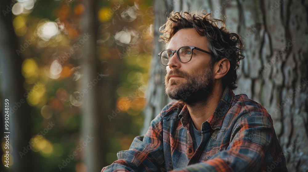 Wall mural Pensive man sitting under tree