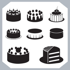 Set of cake silhouette, symbol of the cake holiday, birthday, anniversary, wedding, festive, Birthday cake icons set silhouette vector in white background