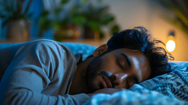 people, bedtime and rest concept - indian man sleeping in bed at home at night