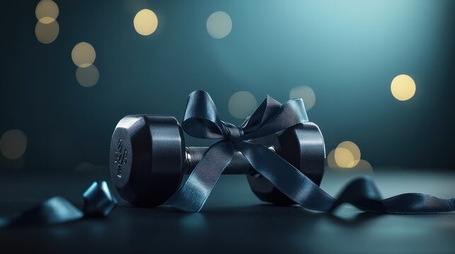 The gift of a fitness dumbbell. A surprise gift for the gym or fitness center. Marketing campaign for a sports store. Presentation post social media bg. Gift with bow and ribbon for banner, website