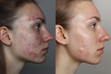Obraz premium Before and After Comparison of Acne Treatment Results. The left side displays visible acne, while the right side shows clearer skin, highlighting the effectiveness of consistent skincare treatments
