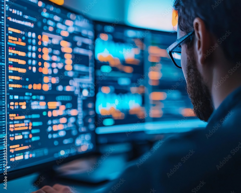 Poster a focused programmer analyzes data on multiple screens, showcasing the world of technology and advan